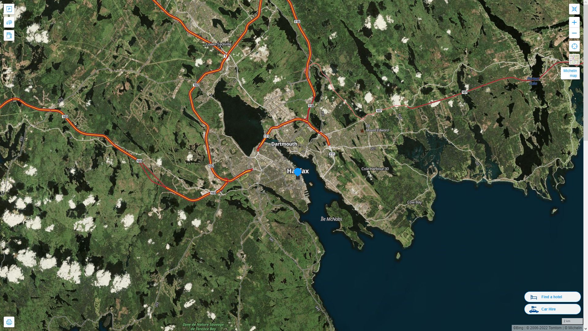 Halifax Canada Autoroute et carte routiere avec vue satellite